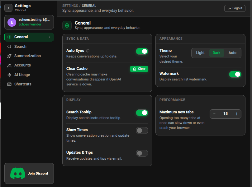 Settings General tab with the Theme switch set to Dark