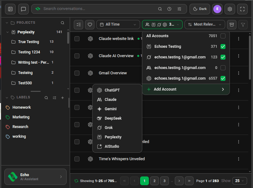 Accounts dropdown listing accounts from Perplexity, Grok, Claude and ChatGPT with checkboxes