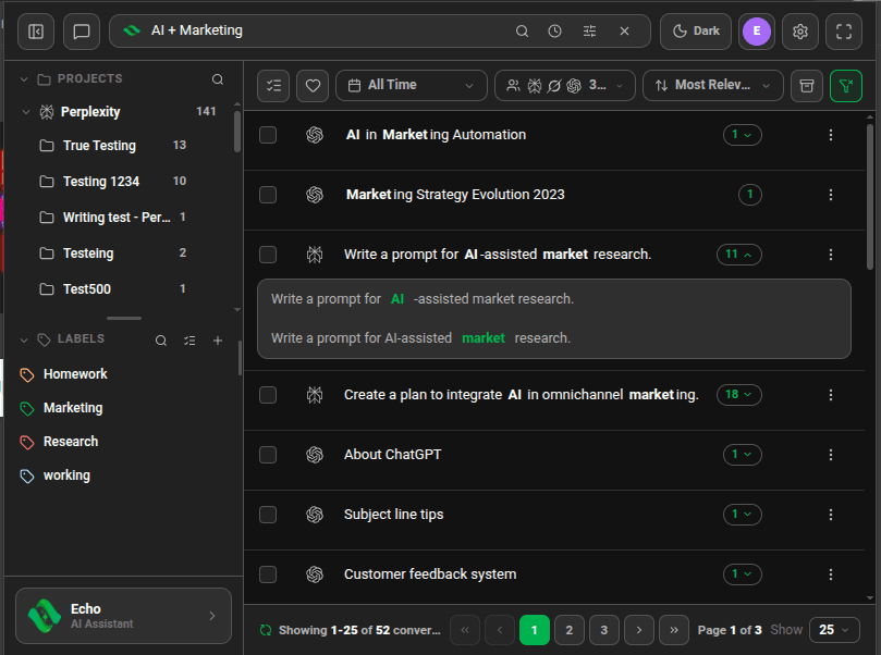Search for "AI + Marketing" with match counts on each result