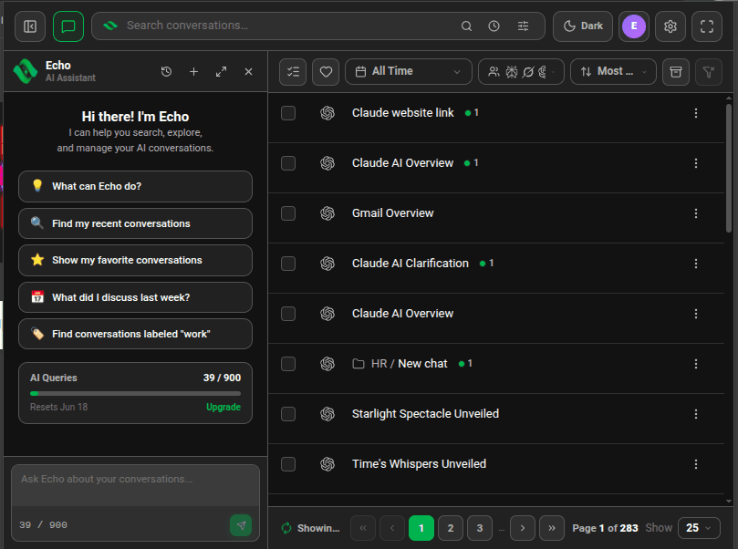 Echo open as a column beside the conversation list