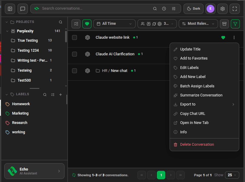 Conversation menu with Edit Labels, Add New Label and Batch Assign Labels