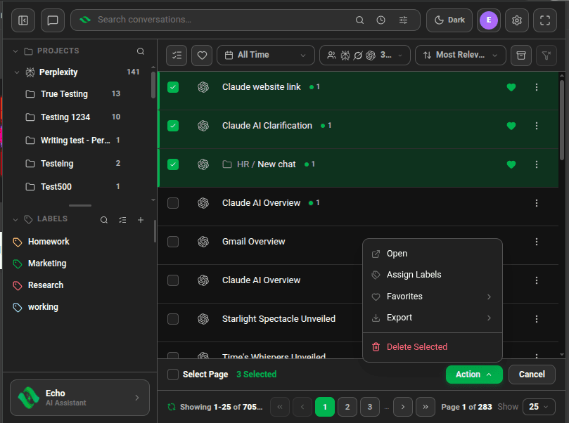 Several chats selected with the Action menu showing Export