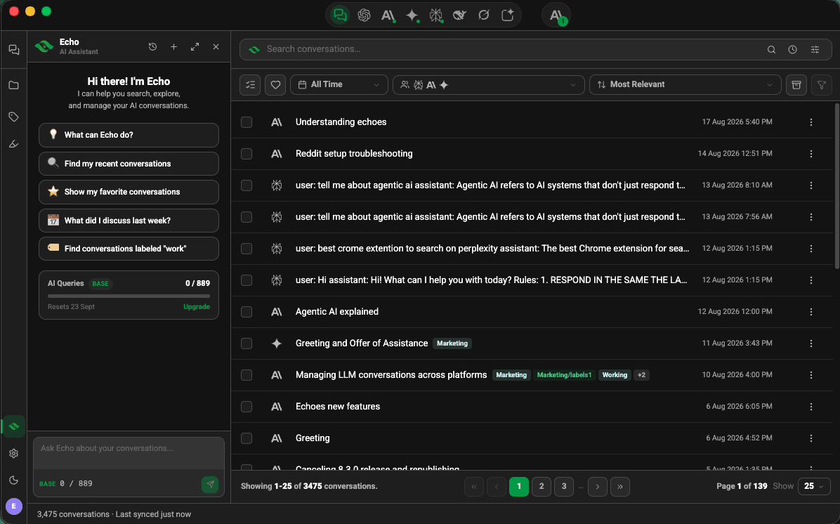Echo panel in Echoes Desktop beside the conversation library