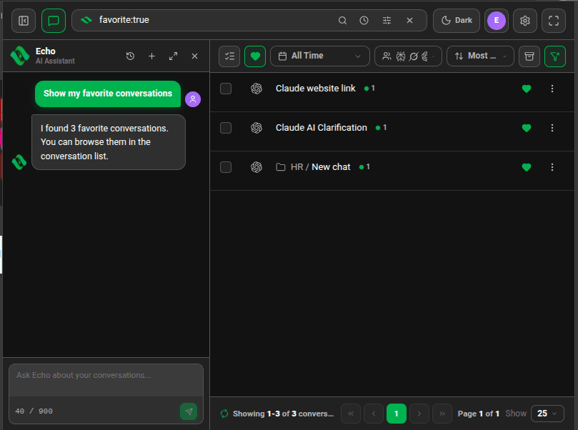 Echo answering "Show my favorite conversations" with the list filtered to three favorites